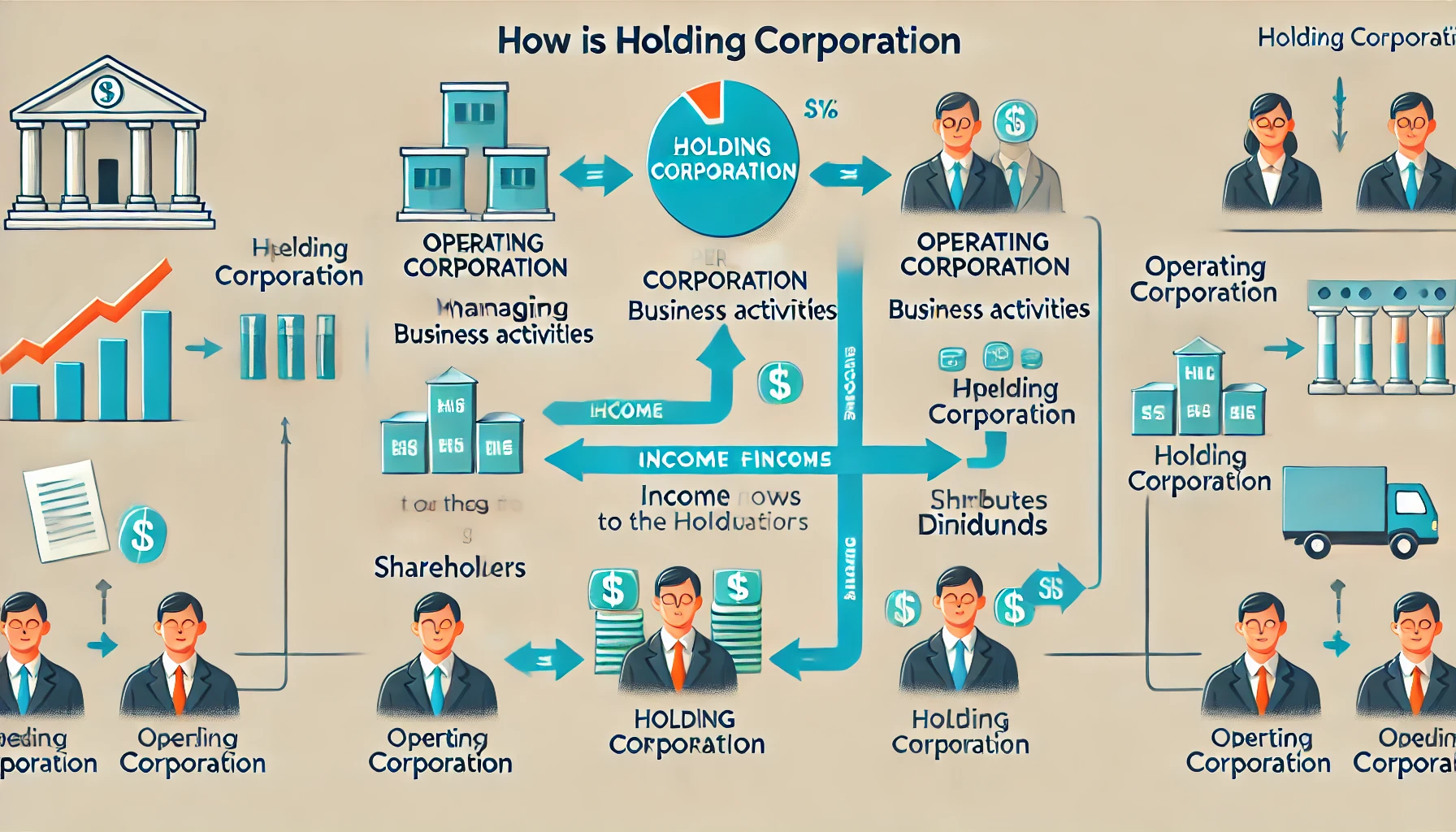 Flowchart of income flow between an operating corporation, holding Incorporation, and shareholders for tax savings