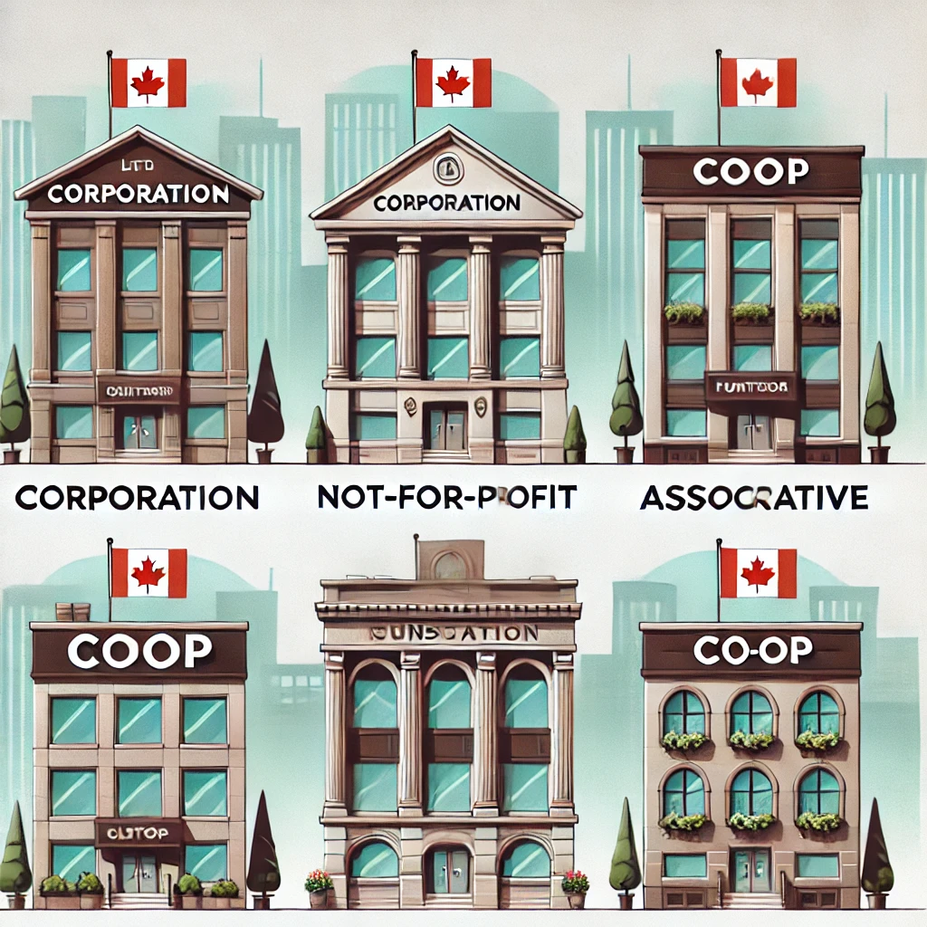 Illustration of Canadian business types—corporation, not-for-profit, and cooperative—with required legal suffixes like Ltd., Inc., Foundation, and Co-op