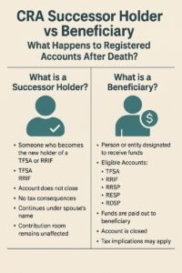 Infographic titled 'CRA Successor Holder vs Beneficiary: What Happens to Registered Accounts After Death?' It compares the roles of successor holder and beneficiary for TFSA and RRIF accounts. On the left, a successor holder is defined as a spouse or common-law partner who takes over the account with no tax consequences, and the account continues under their name. On the right, a beneficiary is any designated person or entity who receives the funds; the account is closed and tax implications may apply. Eligible accounts for beneficiaries include TFSA, RRIF, RRSP, RESP, and RDSP