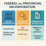 Infographic comparing Federal Incorporation, Provincial Incorporation, and Extraprovincial Registration in Canada. Federal Incorporation section shows a courthouse icon with text 'Canada-wide' and 'Greater name protection.' Provincial Incorporation section shows a provincial map icon with text 'One province only' and 'Lower cost.' Extraprovincial Registration section shows a document icon with text 'Register in other provinces' and 'Needed to expand