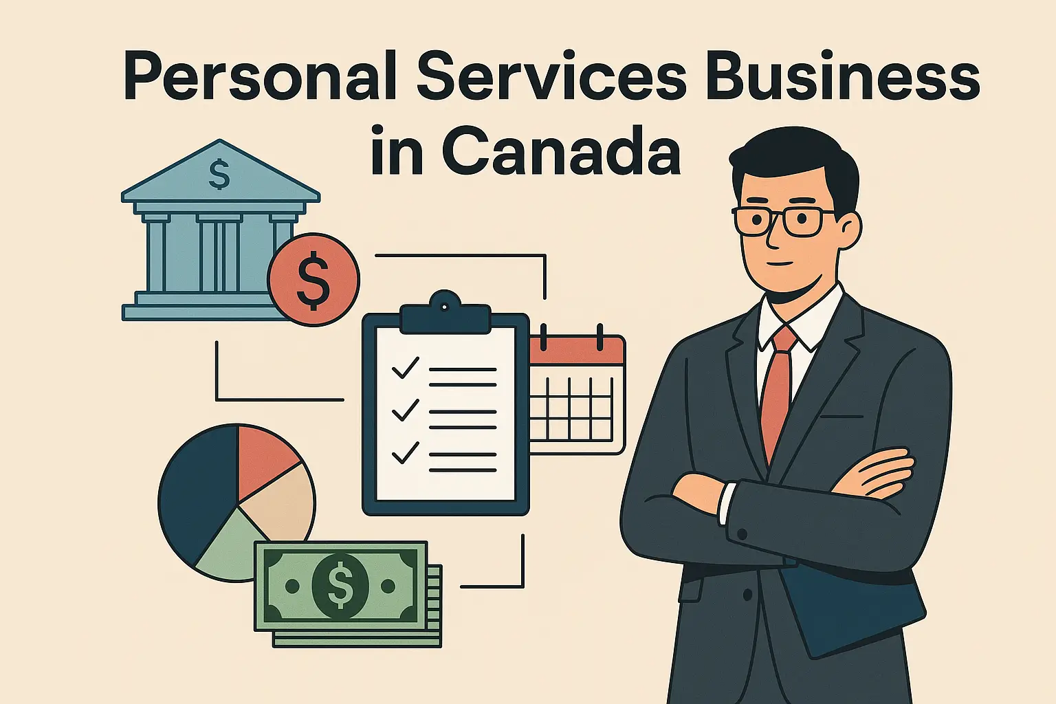 Infographic explaining Personal Services Business (PSB) in Canada, showing a professional in business attire alongside icons representing government taxation, a checklist, a pie chart, and financial planning elements. The design highlights PSB rules, tax rates, and business structure considerations.