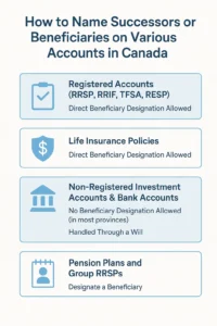 Canadian estate planning infographic showing how to name beneficiaries or successors for RRSP, TFSA, RRIF, RESP, life insurance, and other accounts